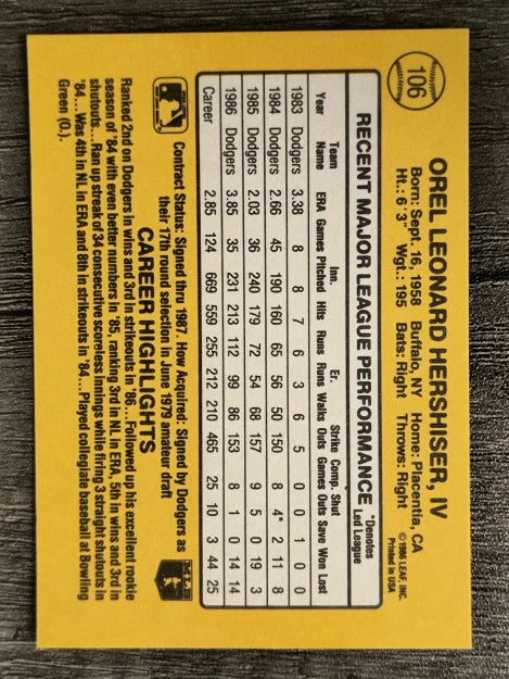 1987 Donruss #106 Orel Hershiser