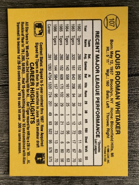 1987 Donruss #107 Lou Whitaker