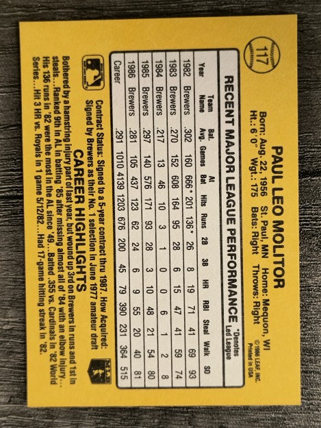 1987 Donruss #117 Paul Molitor