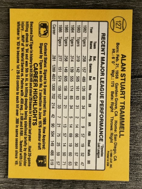 1987 Donruss #127 Alan Trammell