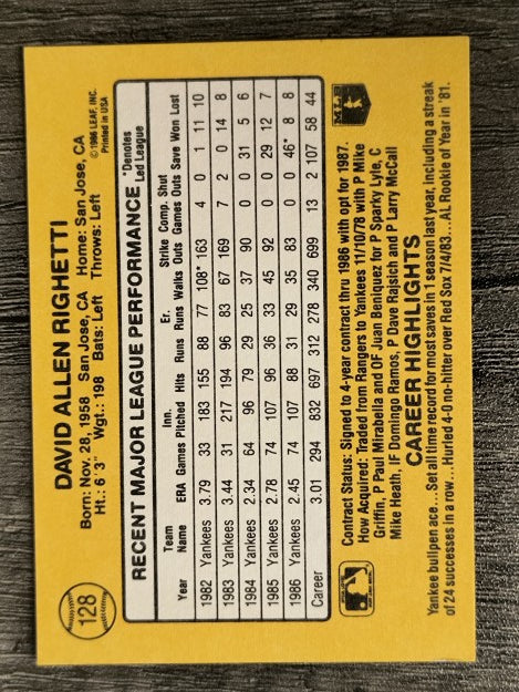 1987 Donruss #128 Dave Righetti