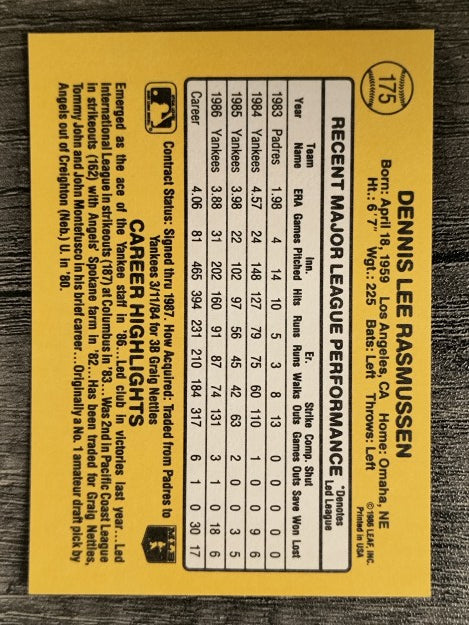 1987 Donruss #175 Dennis Rasmussen