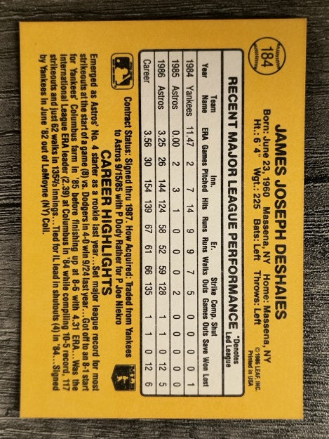 1987 Donruss #184 Jim Deshaies RC