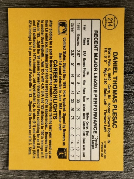 1987 Donruss #214 Dan Plesac
