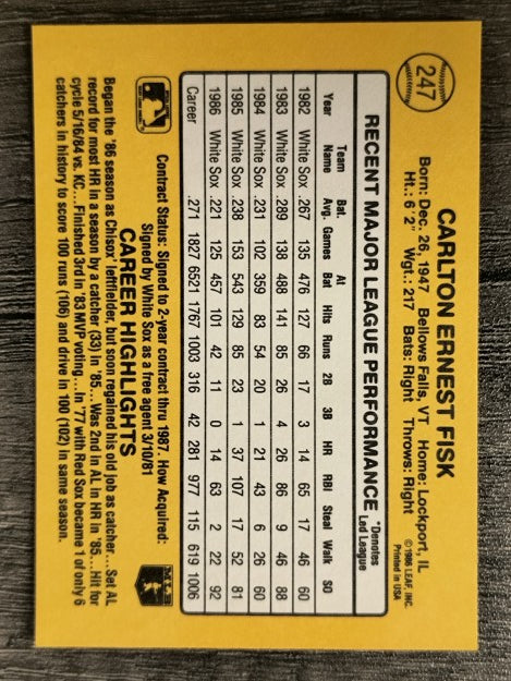 1987 Donruss #247 Carlton Fisk