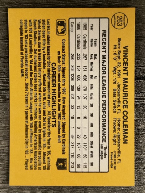 1987 Donruss #263 Vince Coleman