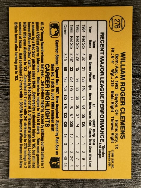 1987 Donruss #276 Roger Clemens