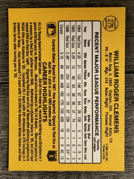 1987 Donruss #276 Roger Clemens (NM)