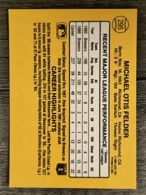 1987 Donruss #295 Mike Felder