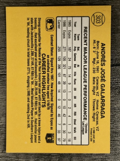 1987 Donruss #303 Andres Galarraga