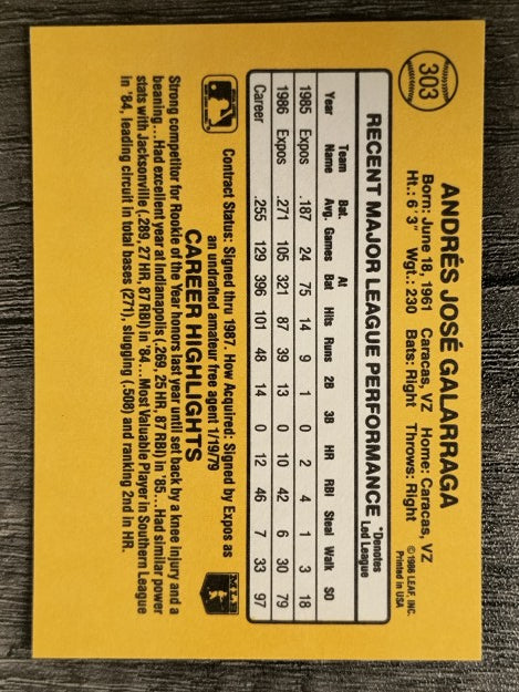 1987 Donruss #303 Andres Galarraga