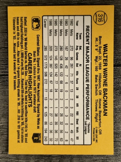 1987 Donruss #316 Wally Backman