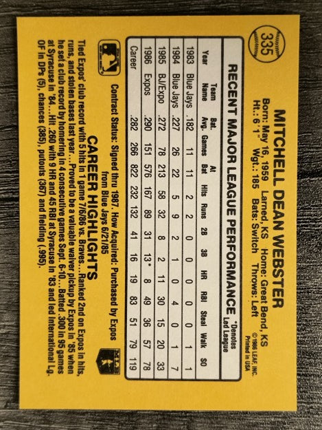 1987 Donruss #335 Mitch Webster