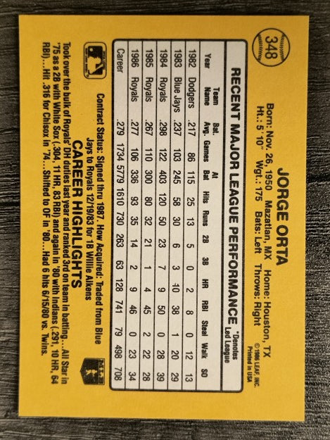 1987 Donruss #348 Jorge Orta