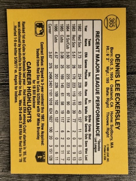 1987 Donruss #365 Dennis Eckersley