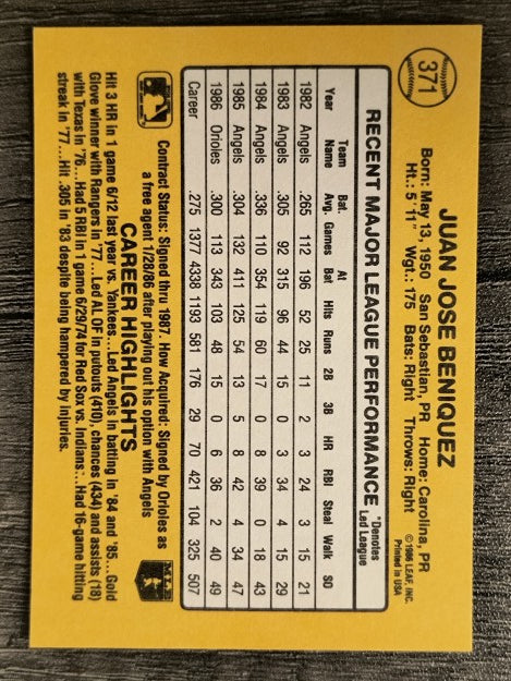 1987 Donruss #371 Juan Beniquez