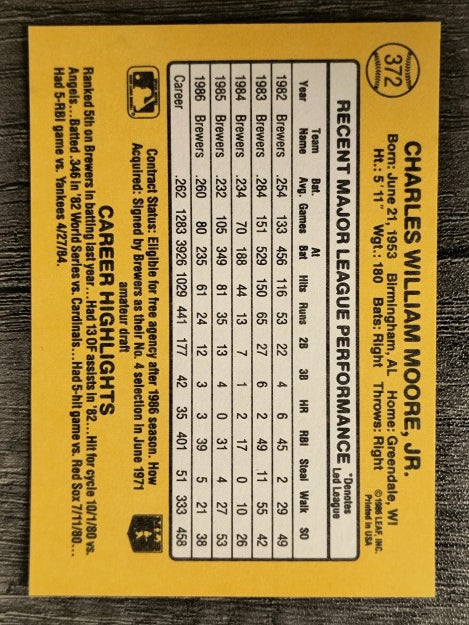 1987 Donruss #372 Charlie Moore
