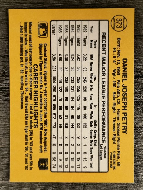 1987 Donruss #373 Dan Petry