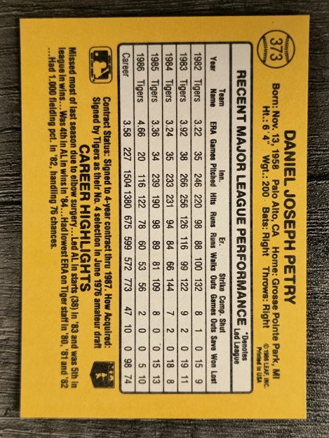 1987 Donruss #373 Dan Petry