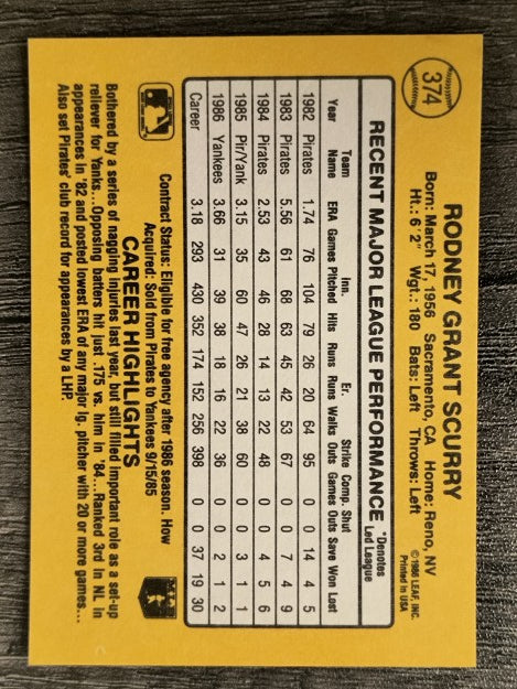 1987 Donruss #374 Rod Scurry