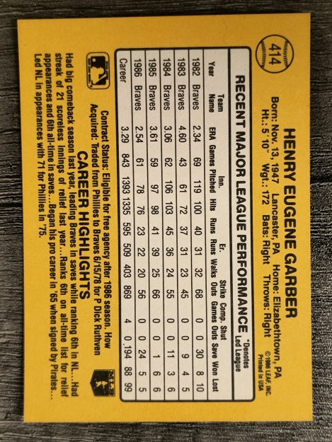 1987 Donruss #414 Gene Garber