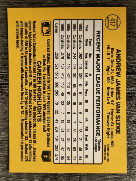 1987 Donruss #417 Andy Van Slyke