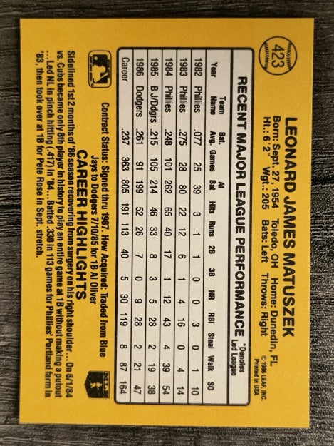 1987 Donruss #423 Len Matuszek