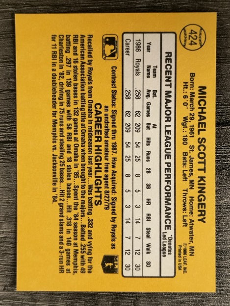 1987 Donruss #424 Mike Kingery RC