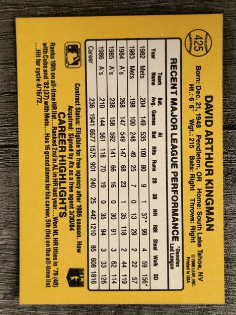1987 Donruss #425 Dave Kingman