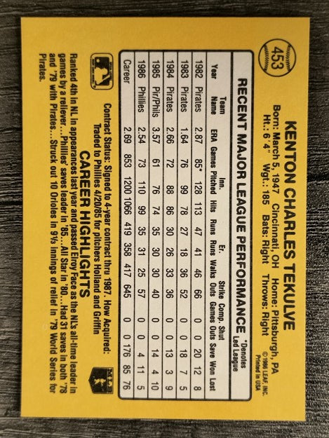 1987 Donruss #453 Kent Tekulve