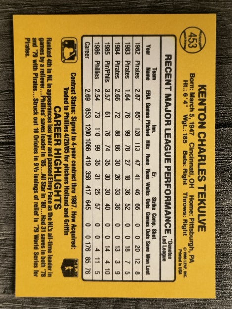 1987 Donruss #453 Kent Tekulve