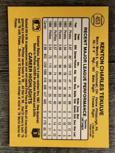 1987 Donruss #453 Kent Tekulve
