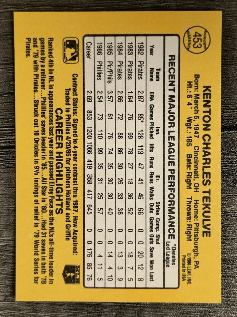 1987 Donruss #453 Kent Tekulve