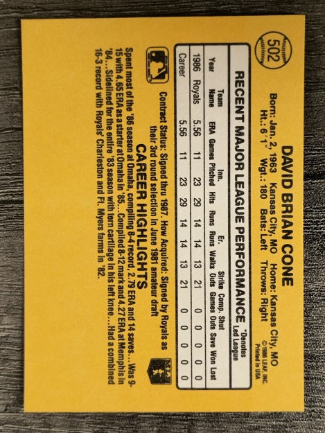 1987 Donruss #502 David Cone RC (NM)