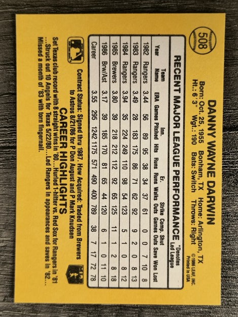1987 Donruss #508 Danny Darwin