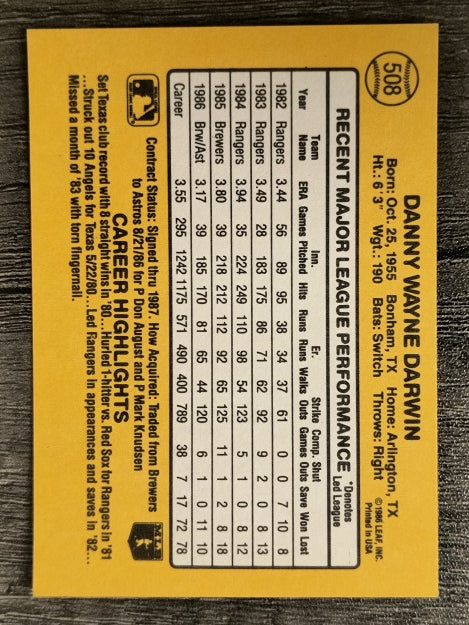 1987 Donruss #508 Danny Darwin
