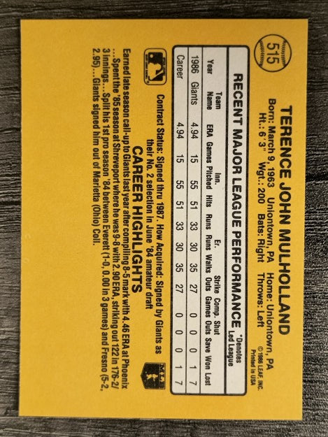 1987 Donruss #515 Terry Mulholland RC