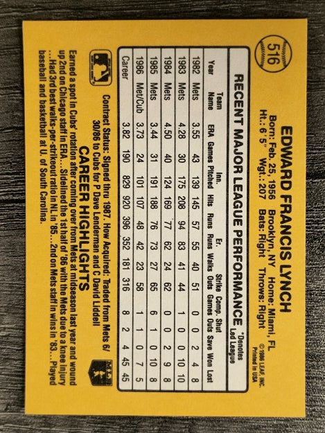 1987 Donruss #516 Ed Lynch