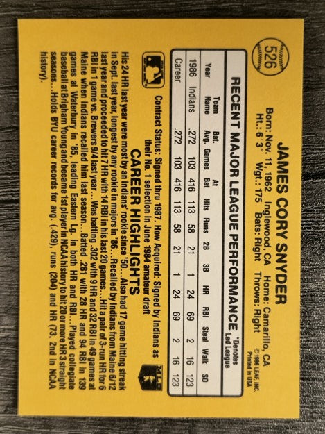 1987 Donruss #526 Cory Snyder