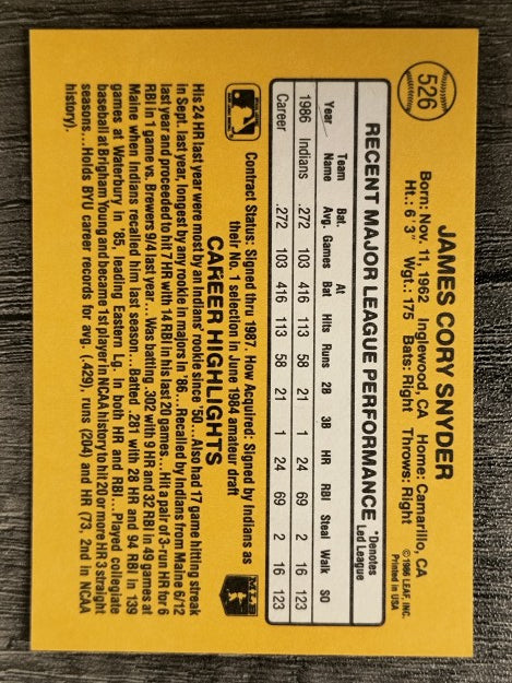1987 Donruss #526 Cory Snyder