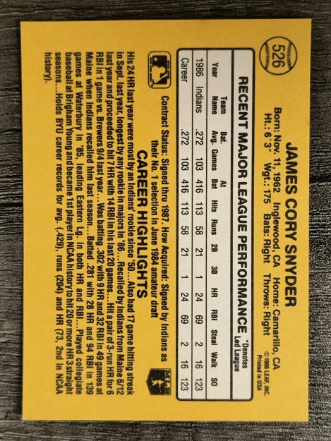 1987 Donruss #526 Cory Snyder