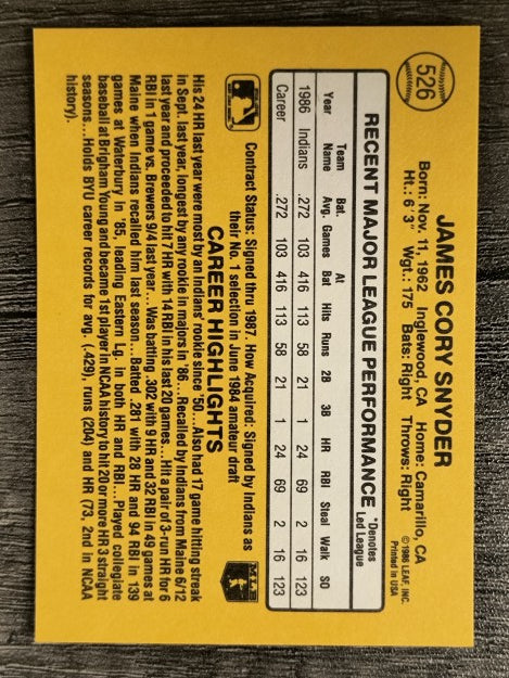 1987 Donruss #526 Cory Snyder