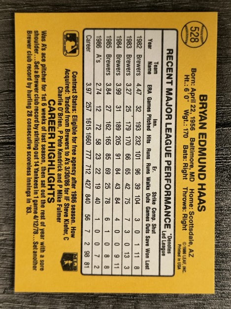 1987 Donruss #528 Moose Haas