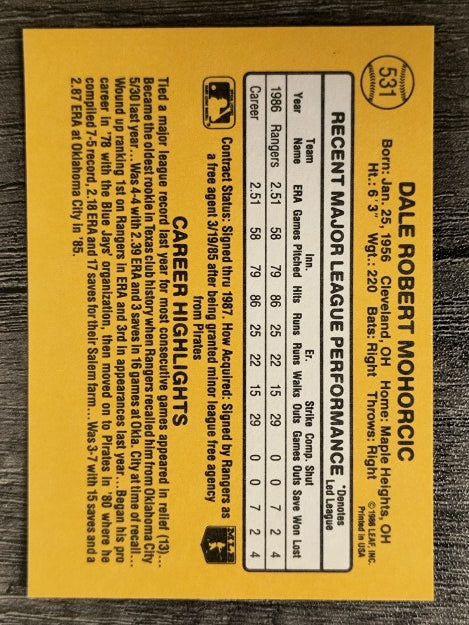 1987 Donruss #531 Dale Mohorcic