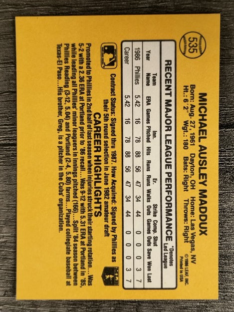 1987 Donruss #535 Mike Maddux RC