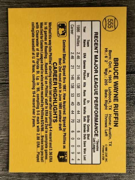 1987 Donruss #555 Bruce Ruffin RC