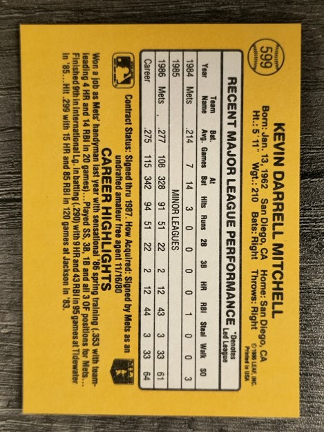 1987 Donruss #599 Kevin Mitchell RC