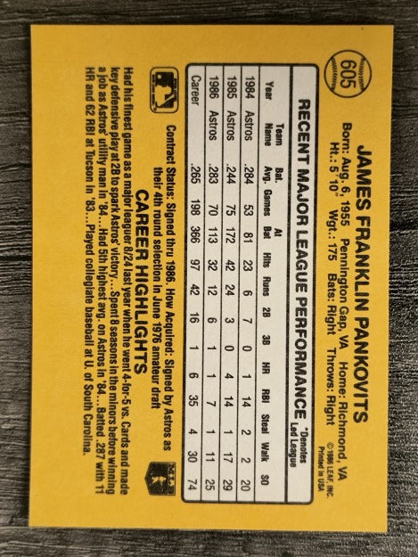 1987 Donruss #605 Jim Pankovits