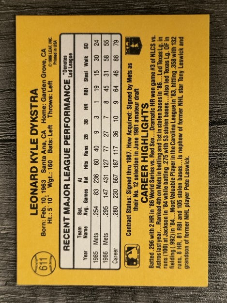 1987 Donruss #611 Len Dykstra