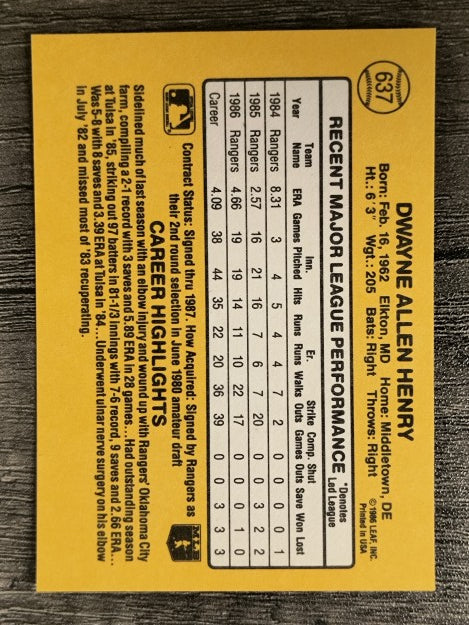 1987 Donruss #637 Dwayne Henry